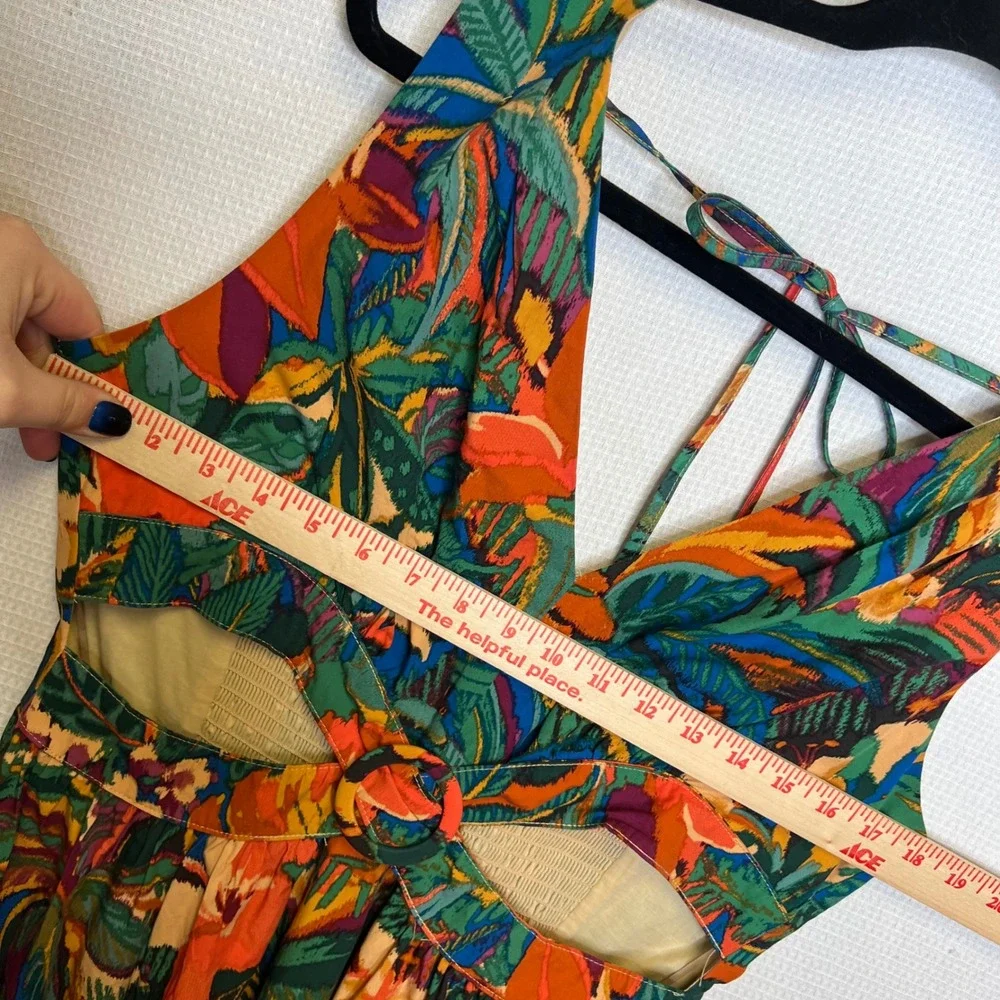 Dress Forum‎ Tropical Floral Cutout Maxi Dress Tie Back Smocked Waist Size L - Picture 10 of 10